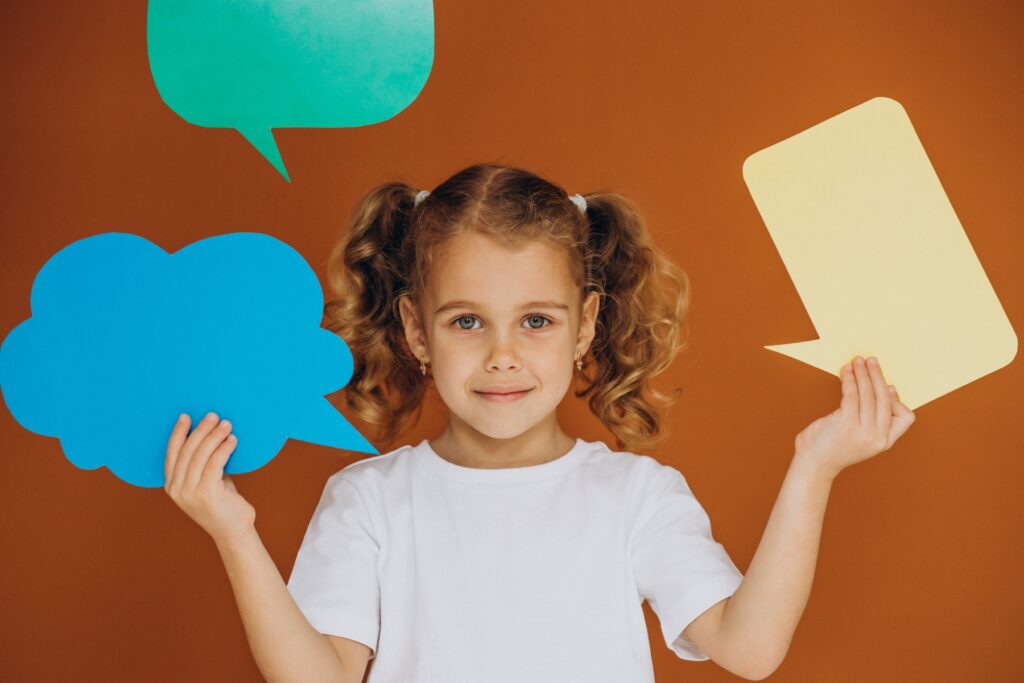 cute little girl holding mind bubbles isolated studio 6481923a94852